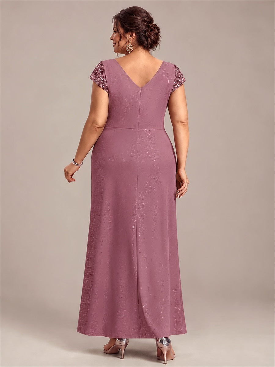 Bodenlanger V-Ausschnitt Bodycon Strickkleid Mit Geknotetem Pailletten Patchwork Glitzer Details Kleid #Farbe_Orchideenviolett