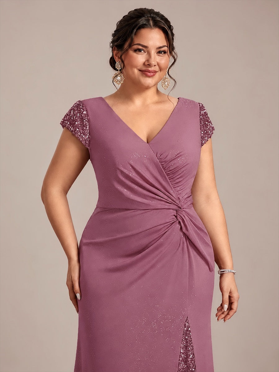 Bodenlanger V-Ausschnitt Bodycon Strickkleid Mit Geknotetem Pailletten Patchwork Glitzer Details Kleid #Farbe_Orchideenviolett