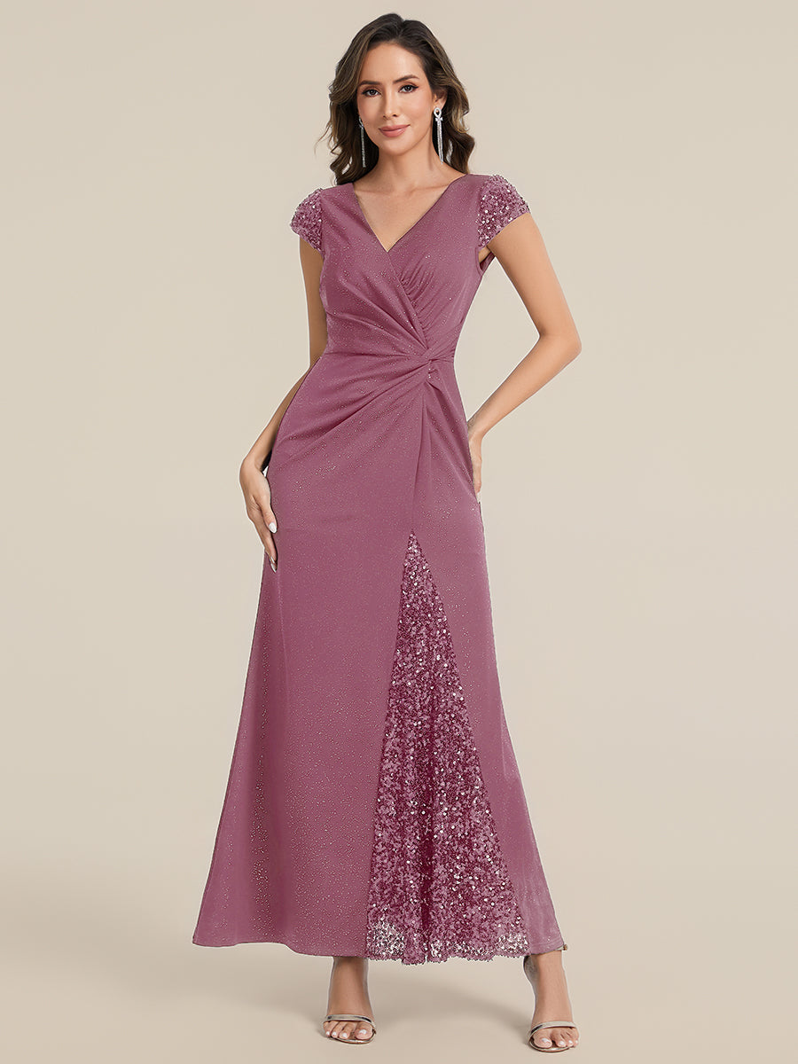 Bodenlanger V-Ausschnitt Bodycon Strickkleid Mit Geknotetem Pailletten Patchwork Glitzer Details Kleid #Farbe_Orchideenviolett