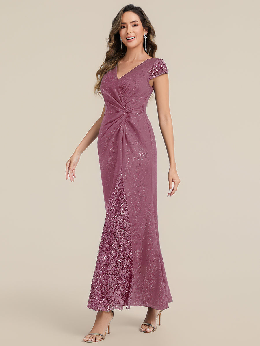 Bodenlanger V-Ausschnitt Bodycon Strickkleid Mit Geknotetem Pailletten Patchwork Glitzer Details Kleid #Farbe_Orchideenviolett