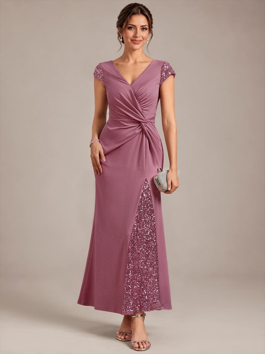 Bodenlanger V-Ausschnitt Bodycon Strickkleid Mit Geknotetem Pailletten Patchwork Glitzer Details Kleid #Farbe_Orchideenviolett