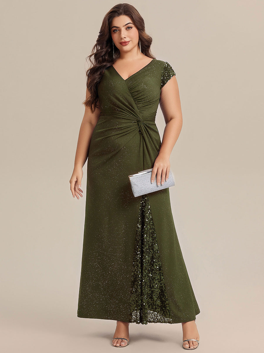 Bodenlanger V-Ausschnitt Bodycon Strickkleid Mit Geknotetem Pailletten Patchwork Glitzer Details Kleid #Farbe_Olivgrün