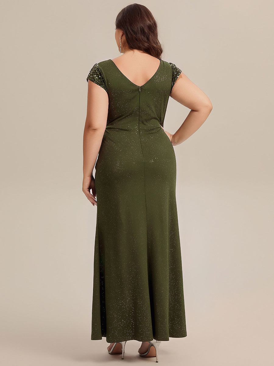 Bodenlanger V-Ausschnitt Bodycon Strickkleid Mit Geknotetem Pailletten Patchwork Glitzer Details Kleid #Farbe_Olivgrün