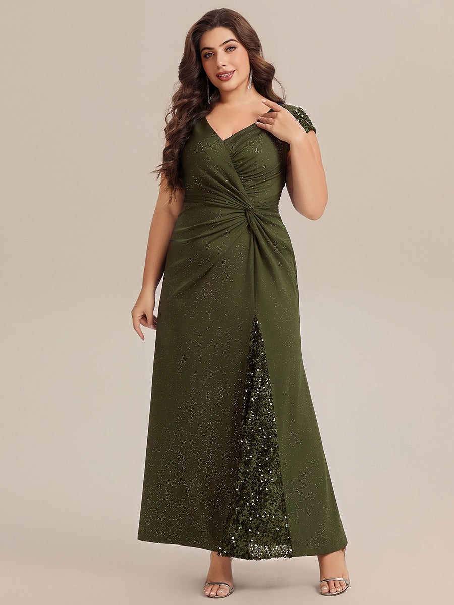 Bodenlanger V-Ausschnitt Bodycon Strickkleid Mit Geknotetem Pailletten Patchwork Glitzer Details Kleid #Farbe_Olivgrün