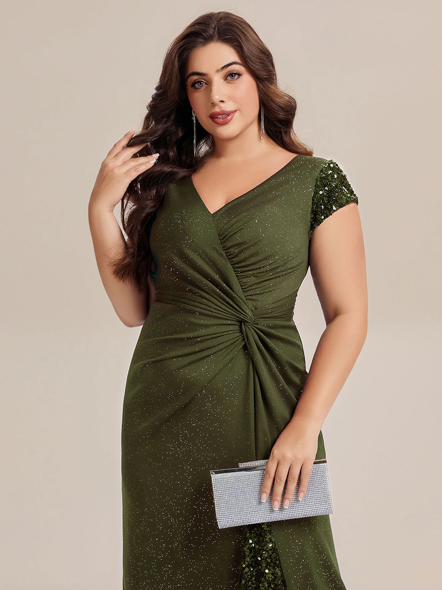 Bodenlanger V-Ausschnitt Bodycon Strickkleid Mit Geknotetem Pailletten Patchwork Glitzer Details Kleid #Farbe_Olivgrün