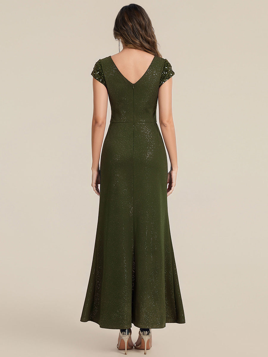 Bodenlanger V-Ausschnitt Bodycon Strickkleid Mit Geknotetem Pailletten Patchwork Glitzer Details Kleid #Farbe_Olivgrün
