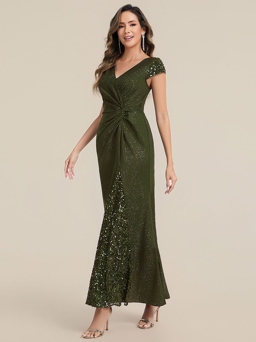 Bodenlanger V-Ausschnitt Bodycon Strickkleid Mit Geknotetem Pailletten Patchwork Glitzer Details Kleid #Farbe_Olivgrün