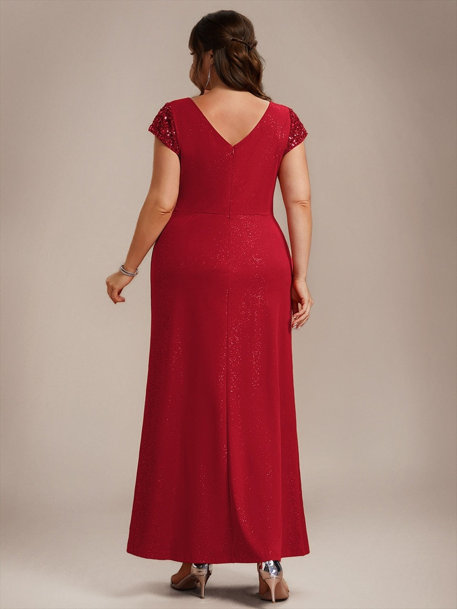 Bodenlanger V-Ausschnitt Bodycon Strickkleid Mit Geknotetem Pailletten Patchwork Glitzer Details Kleid #Farbe_Rot