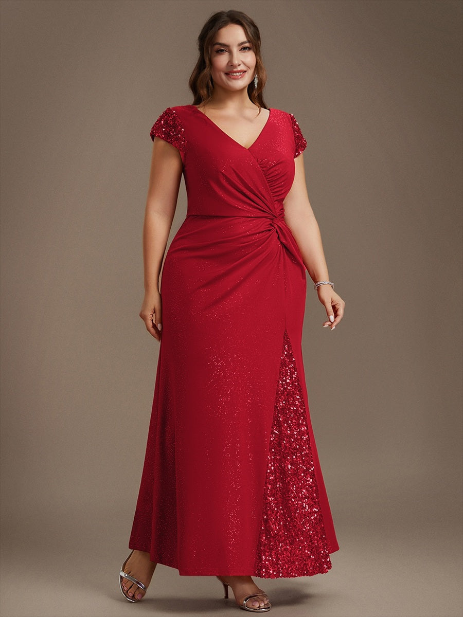 Bodenlanger V-Ausschnitt Bodycon Strickkleid Mit Geknotetem Pailletten Patchwork Glitzer Details Kleid #Farbe_Rot