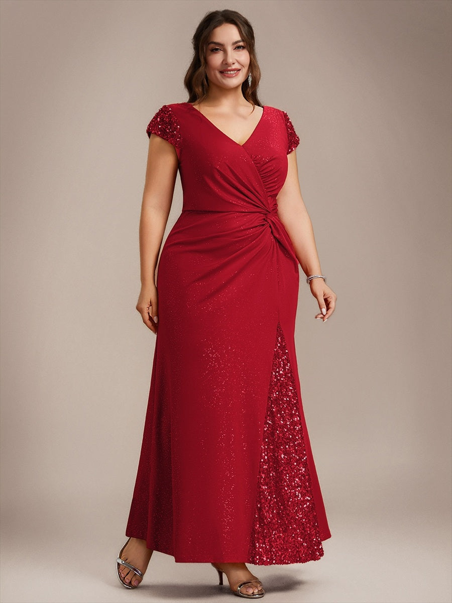 Bodenlanger V-Ausschnitt Bodycon Strickkleid Mit Geknotetem Pailletten Patchwork Glitzer Details Kleid #Farbe_Rot
