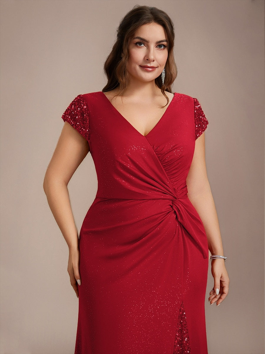 Bodenlanger V-Ausschnitt Bodycon Strickkleid Mit Geknotetem Pailletten Patchwork Glitzer Details Kleid #Farbe_Rot