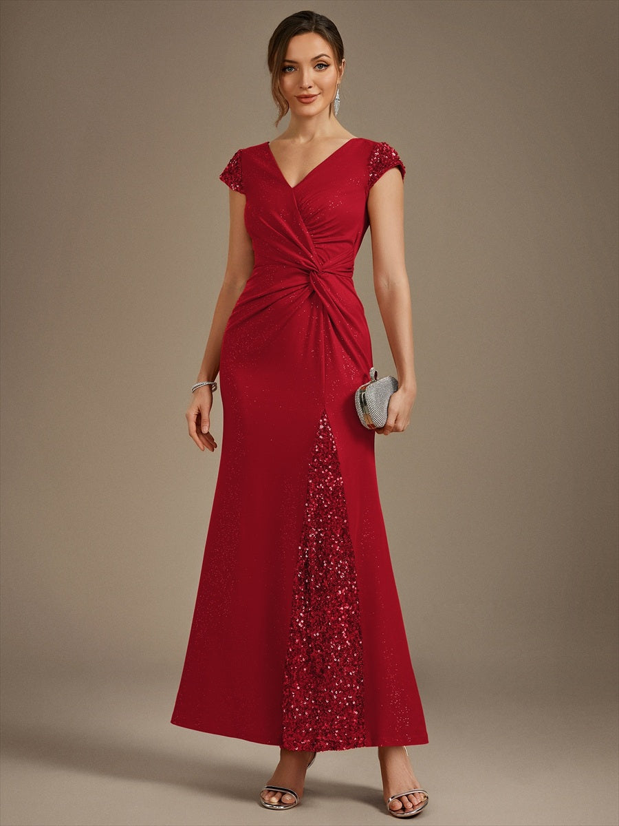 Bodenlanger V-Ausschnitt Bodycon Strickkleid Mit Geknotetem Pailletten Patchwork Glitzer Details Kleid #Farbe_Rot