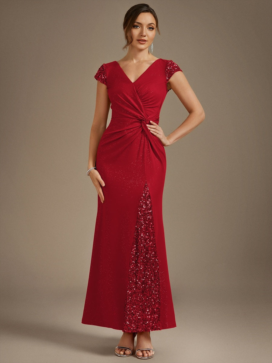 Bodenlanger V-Ausschnitt Bodycon Strickkleid Mit Geknotetem Pailletten Patchwork Glitzer Details Kleid #Farbe_Rot