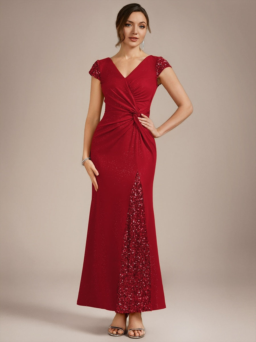 Bodenlanger V-Ausschnitt Bodycon Strickkleid Mit Geknotetem Pailletten Patchwork Glitzer Details Kleid #Farbe_Rot