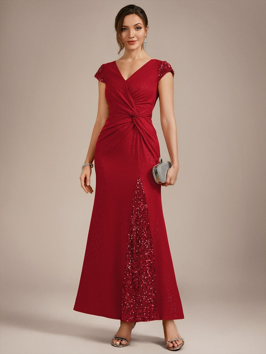 Bodenlanger V-Ausschnitt Bodycon Strickkleid Mit Geknotetem Pailletten Patchwork Glitzer Details Kleid #Farbe_Rot