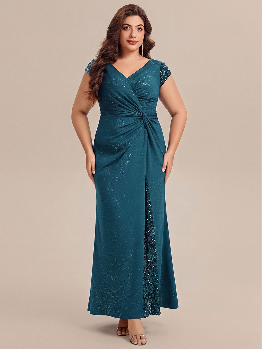 Bodenlanger V-Ausschnitt Bodycon Strickkleid Mit Geknotetem Pailletten Patchwork Glitzer Details Kleid #Farbe_Petrol