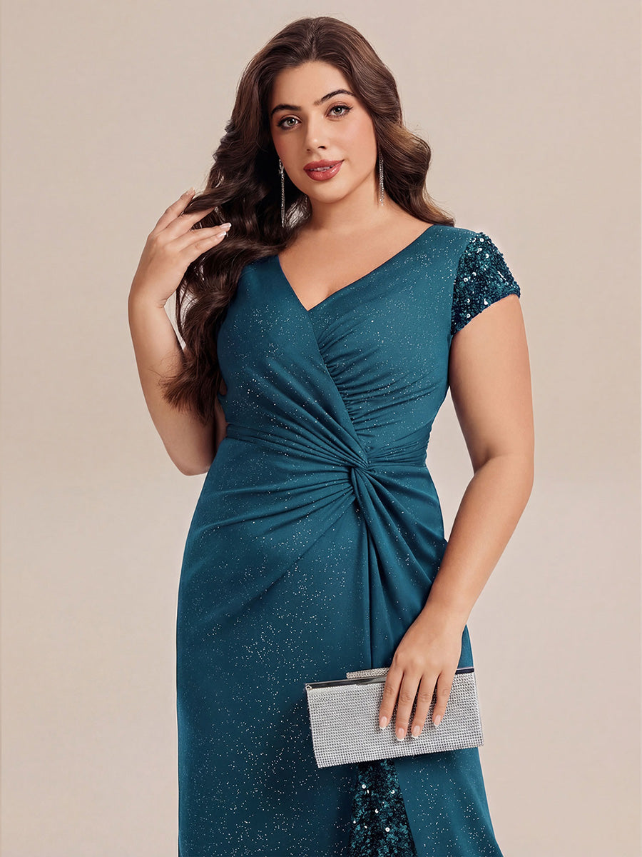 Bodenlanger V-Ausschnitt Bodycon Strickkleid Mit Geknotetem Pailletten Patchwork Glitzer Details Kleid #Farbe_Petrol