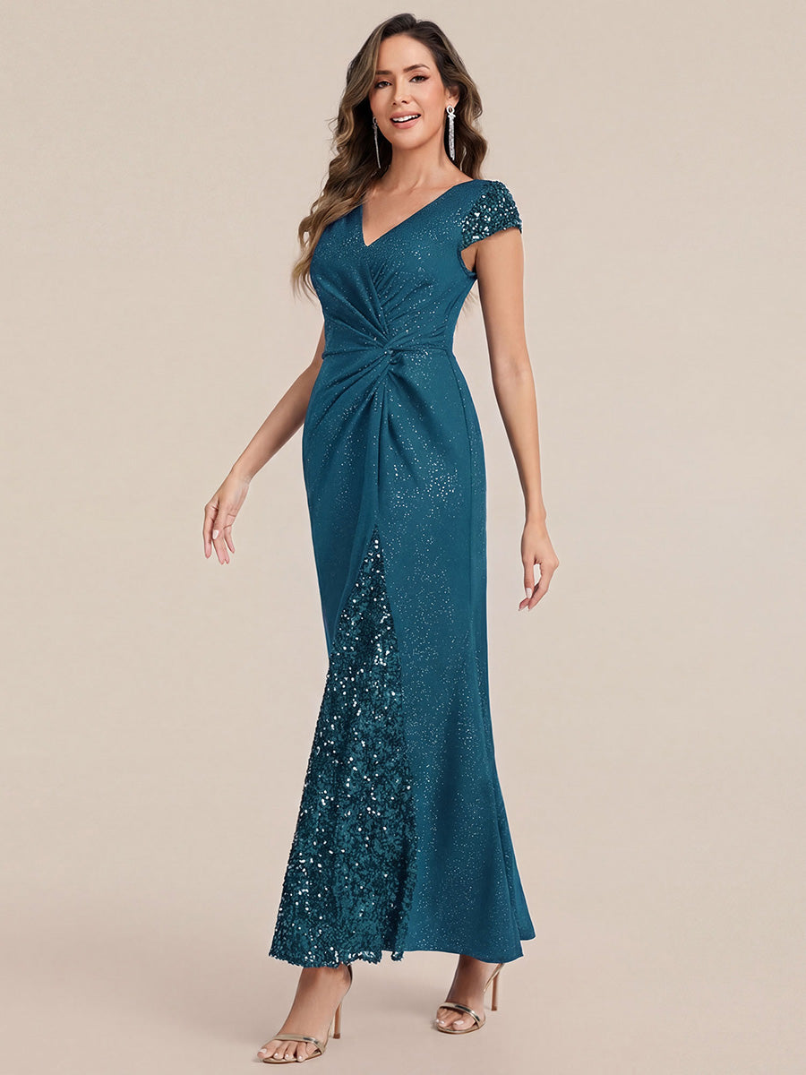Bodenlanger V-Ausschnitt Bodycon Strickkleid Mit Geknotetem Pailletten Patchwork Glitzer Details Kleid #Farbe_Petrol