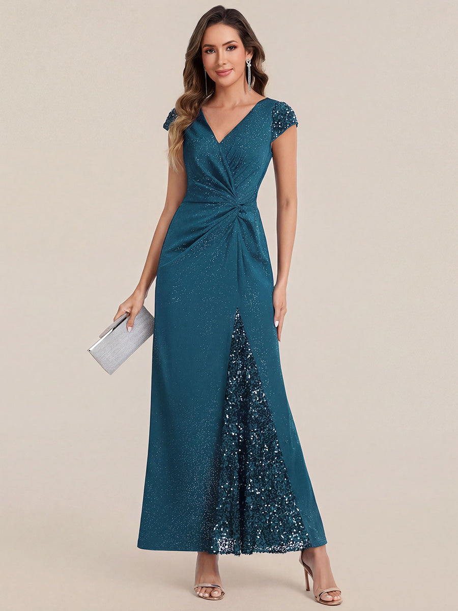 Bodenlanger V-Ausschnitt Bodycon Strickkleid Mit Geknotetem Pailletten Patchwork Glitzer Details Kleid #Farbe_Petrol