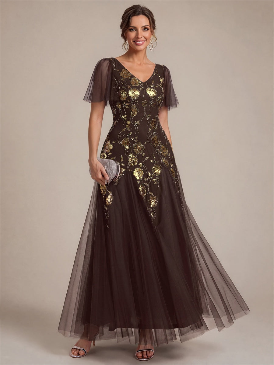 Bodenlanger V-Ausschnitt A-Linie Pailletten Kleid Mit Patchwork Und Funkelnden Details #Farbe_Schokoladenbraun