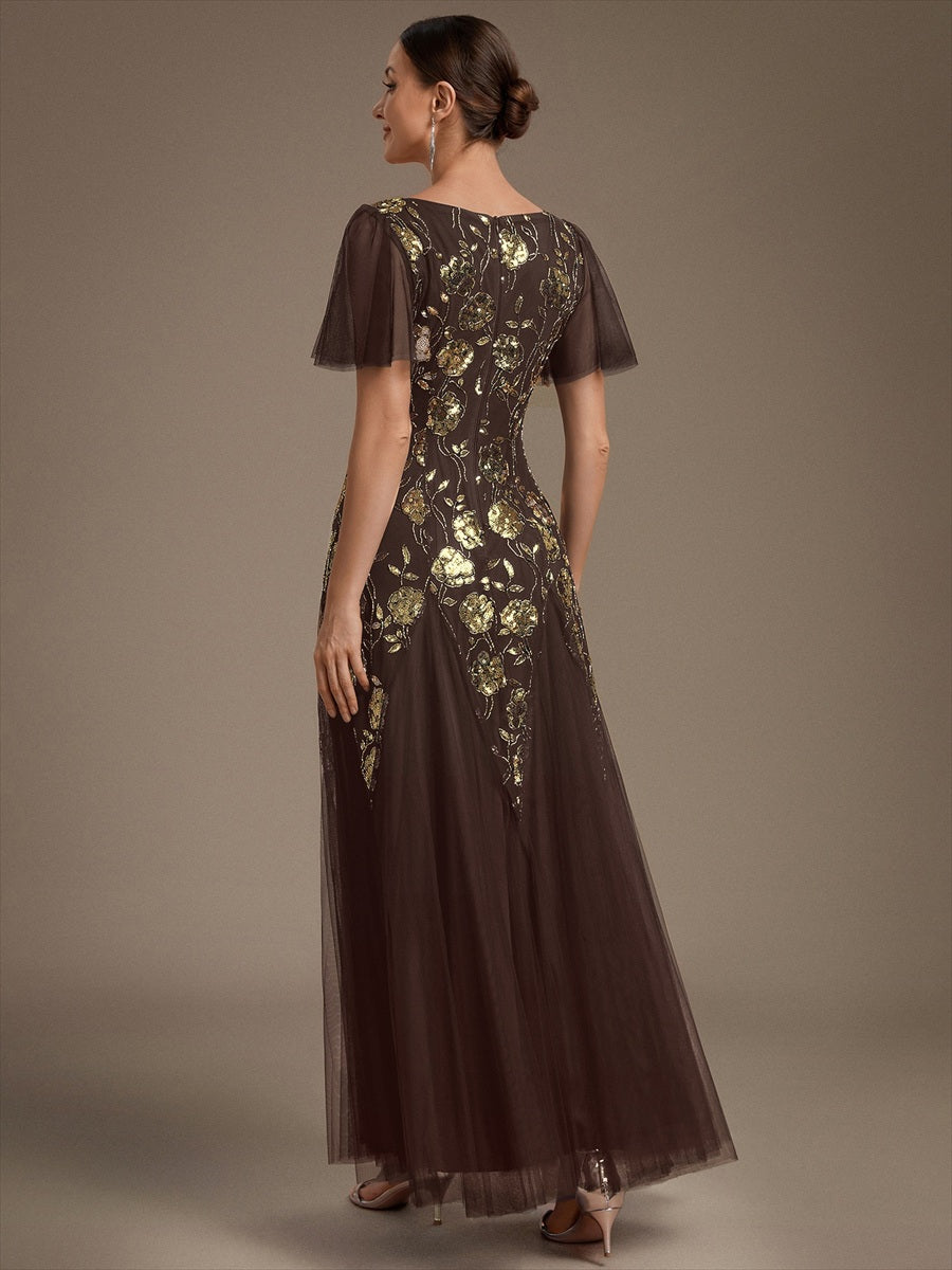 Bodenlanger V-Ausschnitt A-Linie Pailletten Kleid Mit Patchwork Und Funkelnden Details #Farbe_Schokoladenbraun
