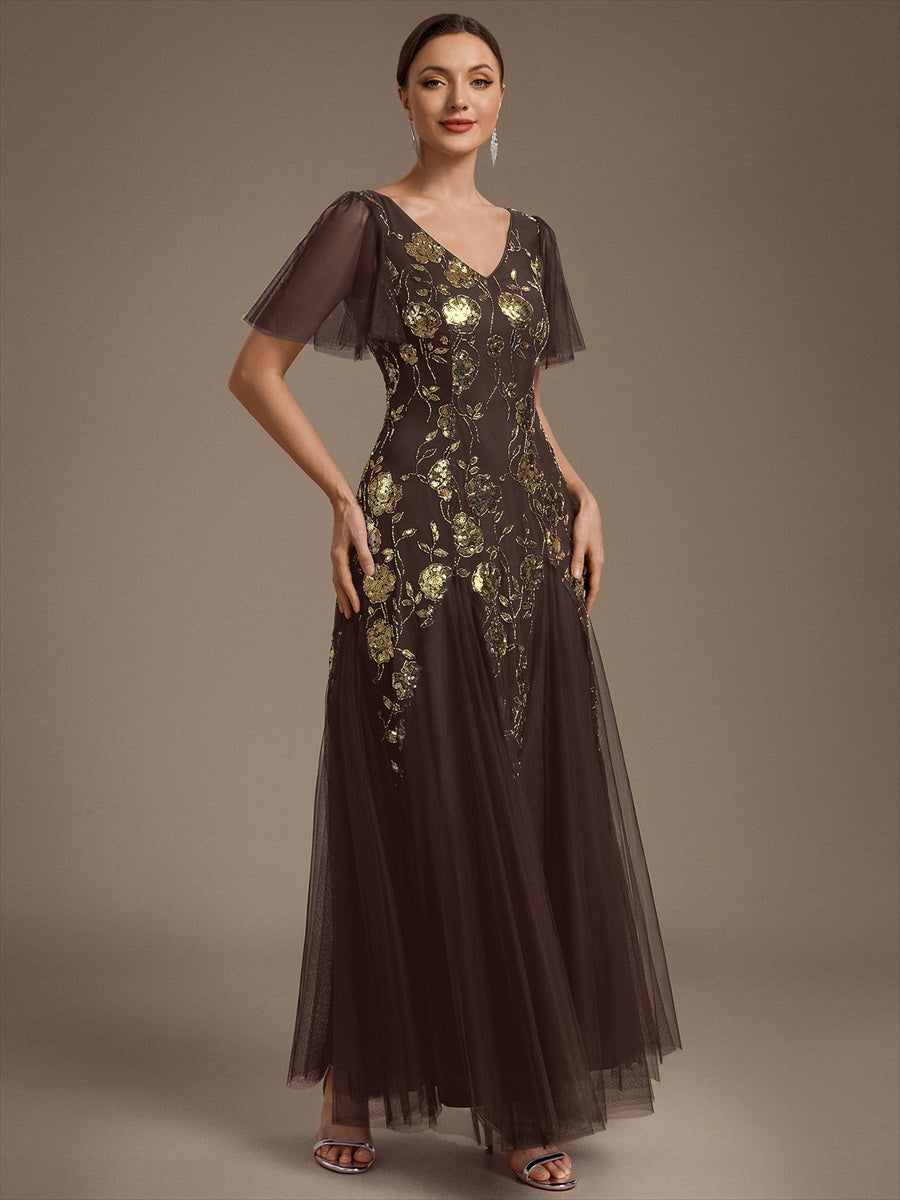 Bodenlanger V-Ausschnitt A-Linie Pailletten Kleid Mit Patchwork Und Funkelnden Details #Farbe_Schokoladenbraun