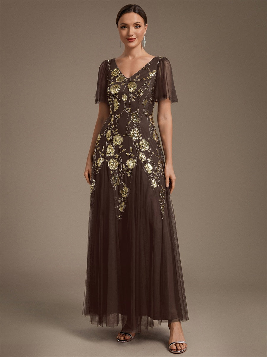 Bodenlanger V-Ausschnitt A-Linie Pailletten Kleid Mit Patchwork Und Funkelnden Details #Farbe_Schokoladenbraun