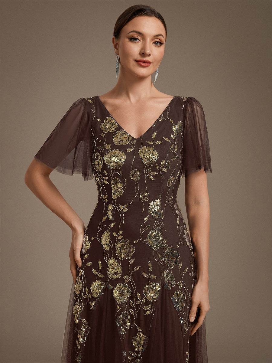 Bodenlanger V-Ausschnitt A-Linie Pailletten Kleid Mit Patchwork Und Funkelnden Details #Farbe_Schokoladenbraun