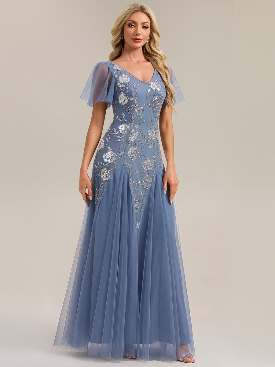Bodenlanger V-Ausschnitt A-Linie Pailletten Kleid Mit Patchwork Und Funkelnden Details #Farbe_Taubenblau