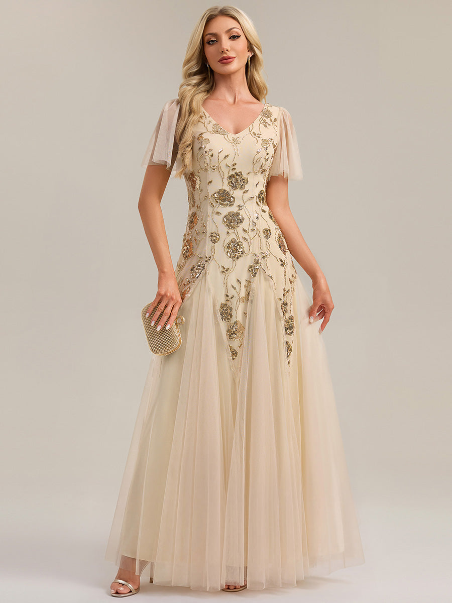 Bodenlanger V-Ausschnitt A-Linie Pailletten Kleid Mit Patchwork Und Funkelnden Details #Farbe_Gold