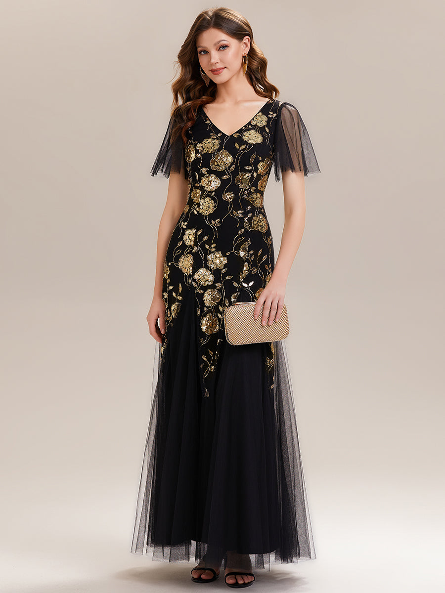 Bodenlanger V-Ausschnitt A-Linie Pailletten Kleid Mit Patchwork Und Funkelnden Details #Farbe_Schwarz & Gold