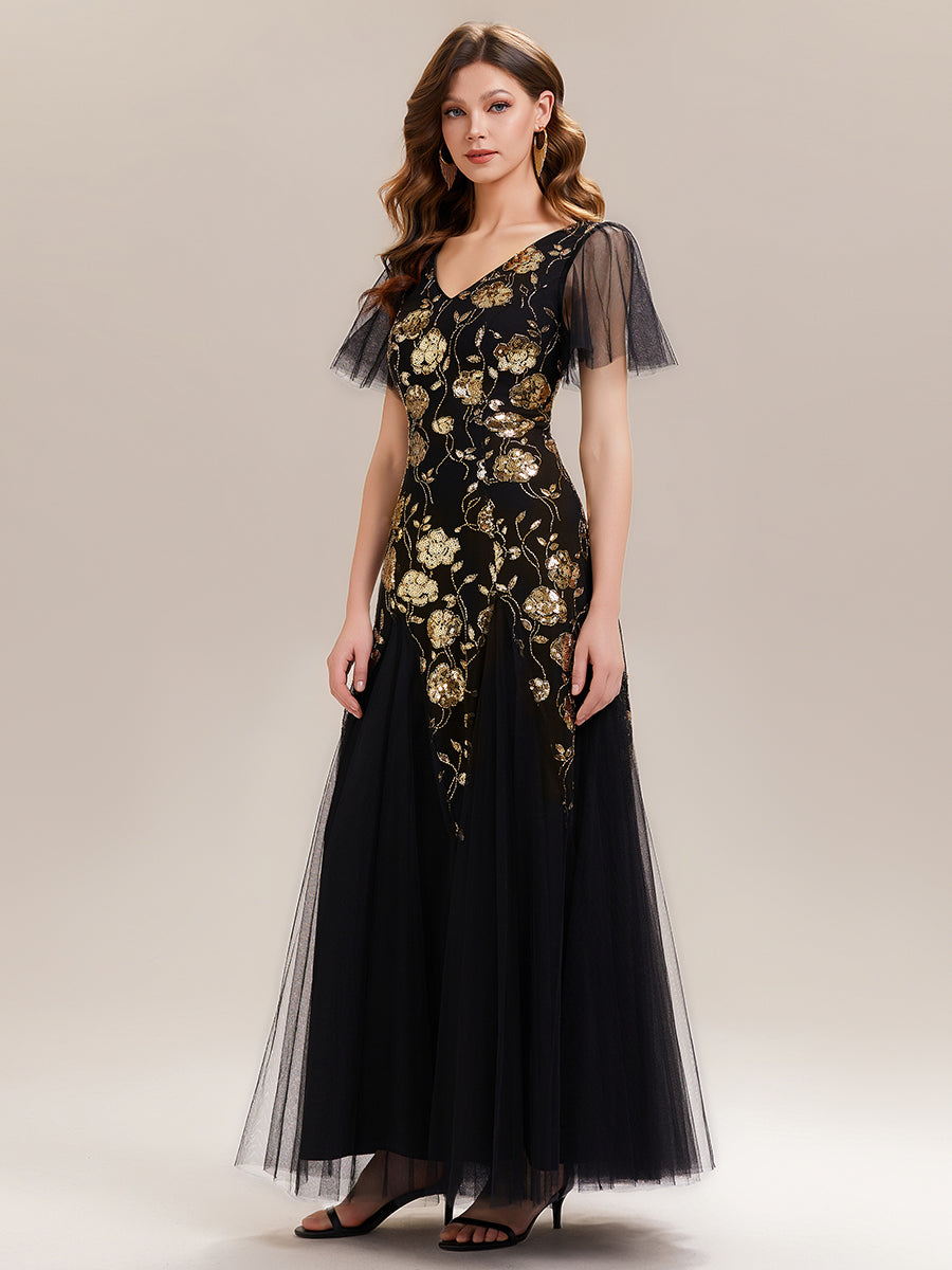 Bodenlanger V-Ausschnitt A-Linie Pailletten Kleid Mit Patchwork Und Funkelnden Details #Farbe_Schwarz & Gold