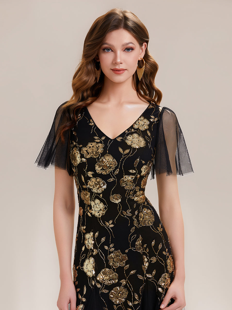 Bodenlanger V-Ausschnitt A-Linie Pailletten Kleid Mit Patchwork Und Funkelnden Details #Farbe_Schwarz & Gold