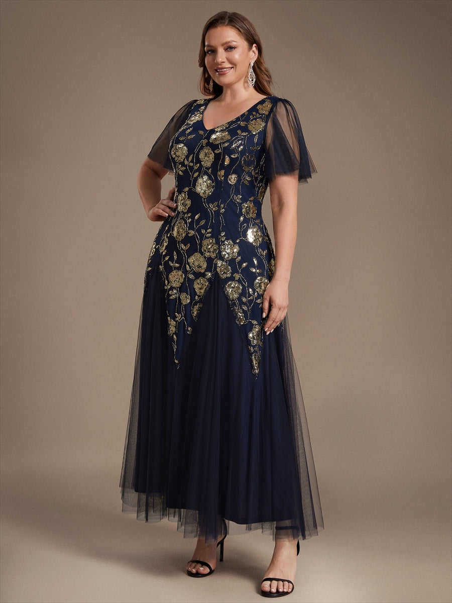 Bodenlanger V-Ausschnitt A-Linie Pailletten Kleid Mit Patchwork Und Funkelnden Details #Farbe_Marineblau