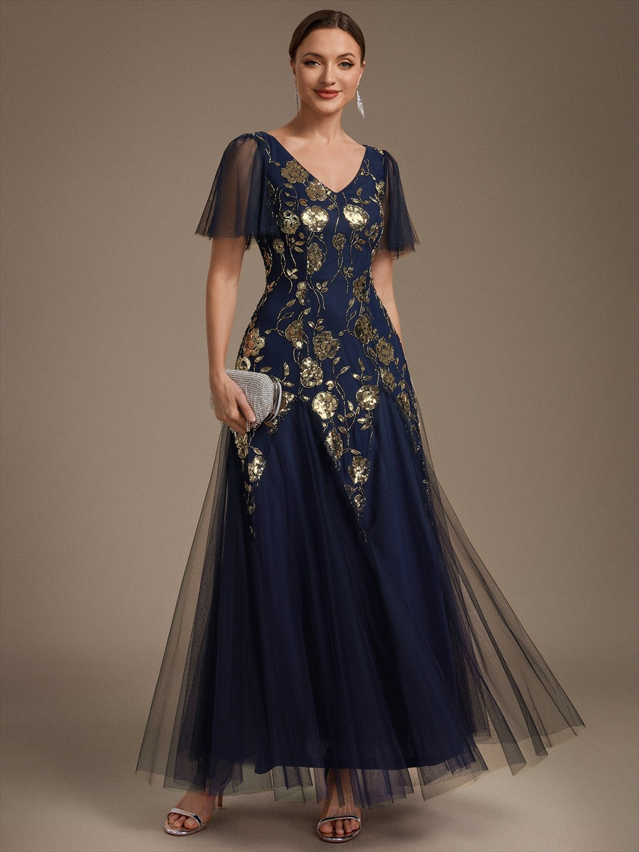 Bodenlanger V-Ausschnitt A-Linie Pailletten Kleid Mit Patchwork Und Funkelnden Details #Farbe_Marineblau
