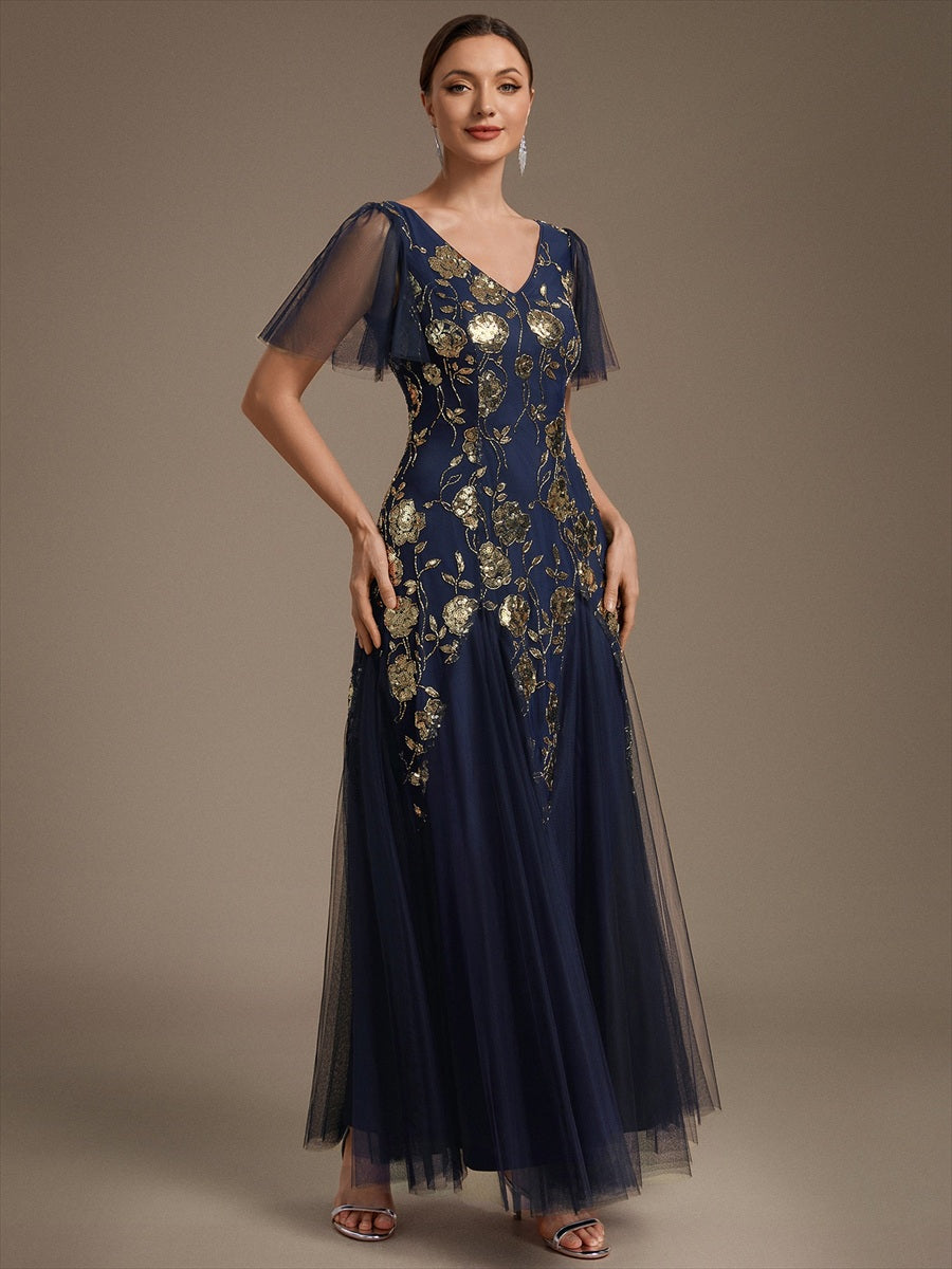 Bodenlanger V-Ausschnitt A-Linie Pailletten Kleid Mit Patchwork Und Funkelnden Details #Farbe_Marineblau