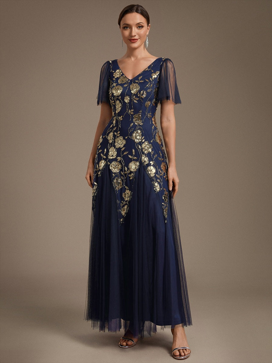 Bodenlanger V-Ausschnitt A-Linie Pailletten Kleid Mit Patchwork Und Funkelnden Details #Farbe_Marineblau