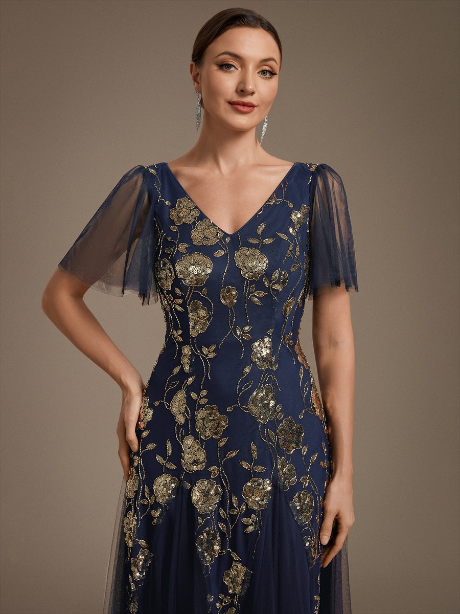 Bodenlanger V-Ausschnitt A-Linie Pailletten Kleid Mit Patchwork Und Funkelnden Details #Farbe_Marineblau