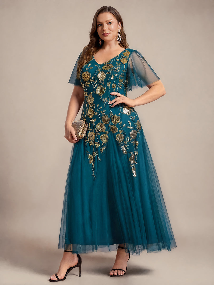 Bodenlanger V-Ausschnitt A-Linie Pailletten Kleid Mit Patchwork Und Funkelnden Details #Farbe_Petrol