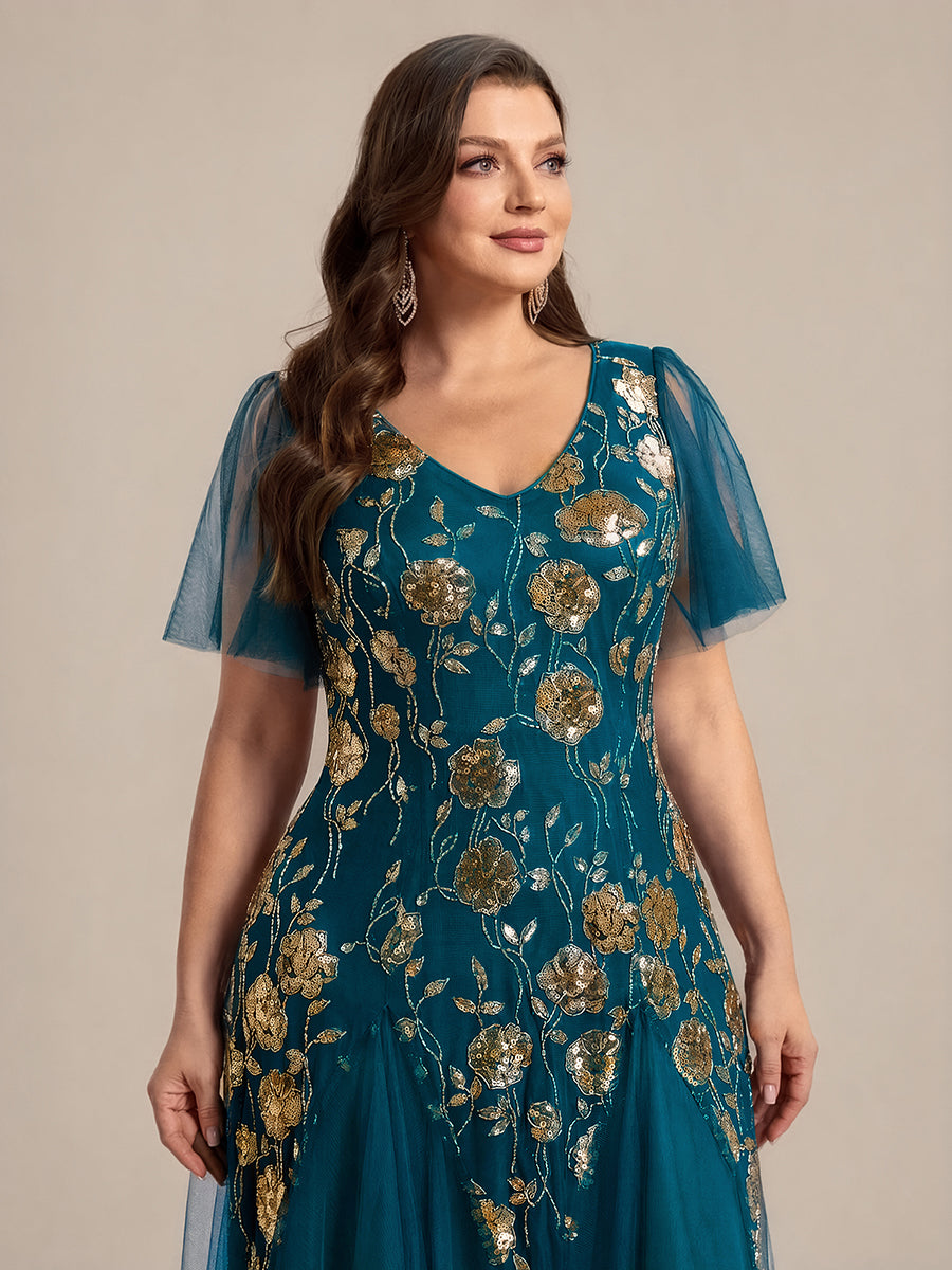 Bodenlanger V-Ausschnitt A-Linie Pailletten Kleid Mit Patchwork Und Funkelnden Details #Farbe_Petrol