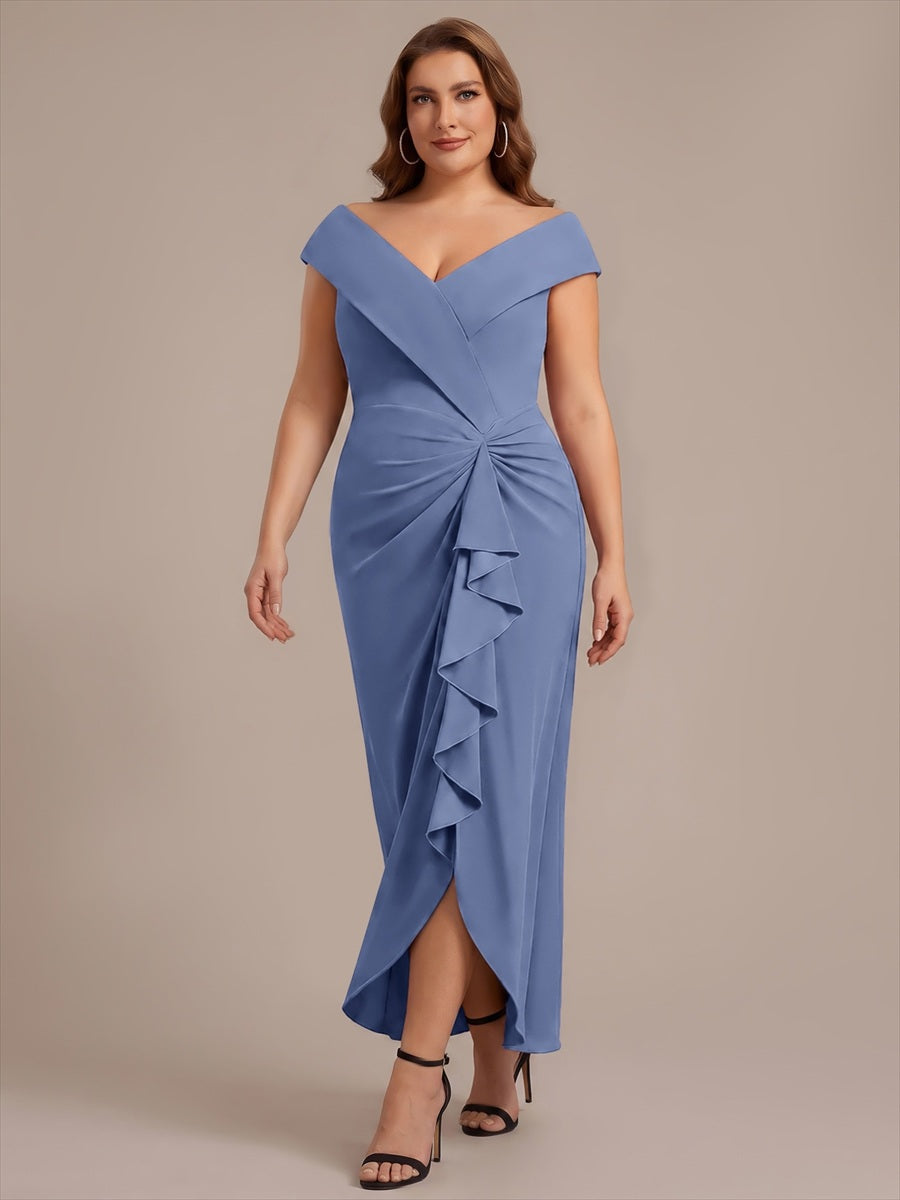Asymmetrischer Saum V-Ausschnitt Meerjungfrau Kleid Aus Krepp Schlitz Volants #Farbe_Taubenblau
