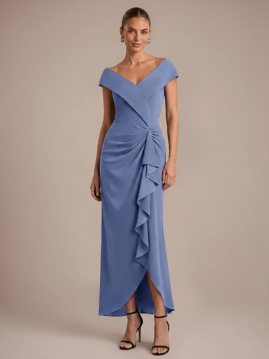 Asymmetrischer Saum V-Ausschnitt Meerjungfrau Kleid Aus Krepp Schlitz Volants #Farbe_Taubenblau