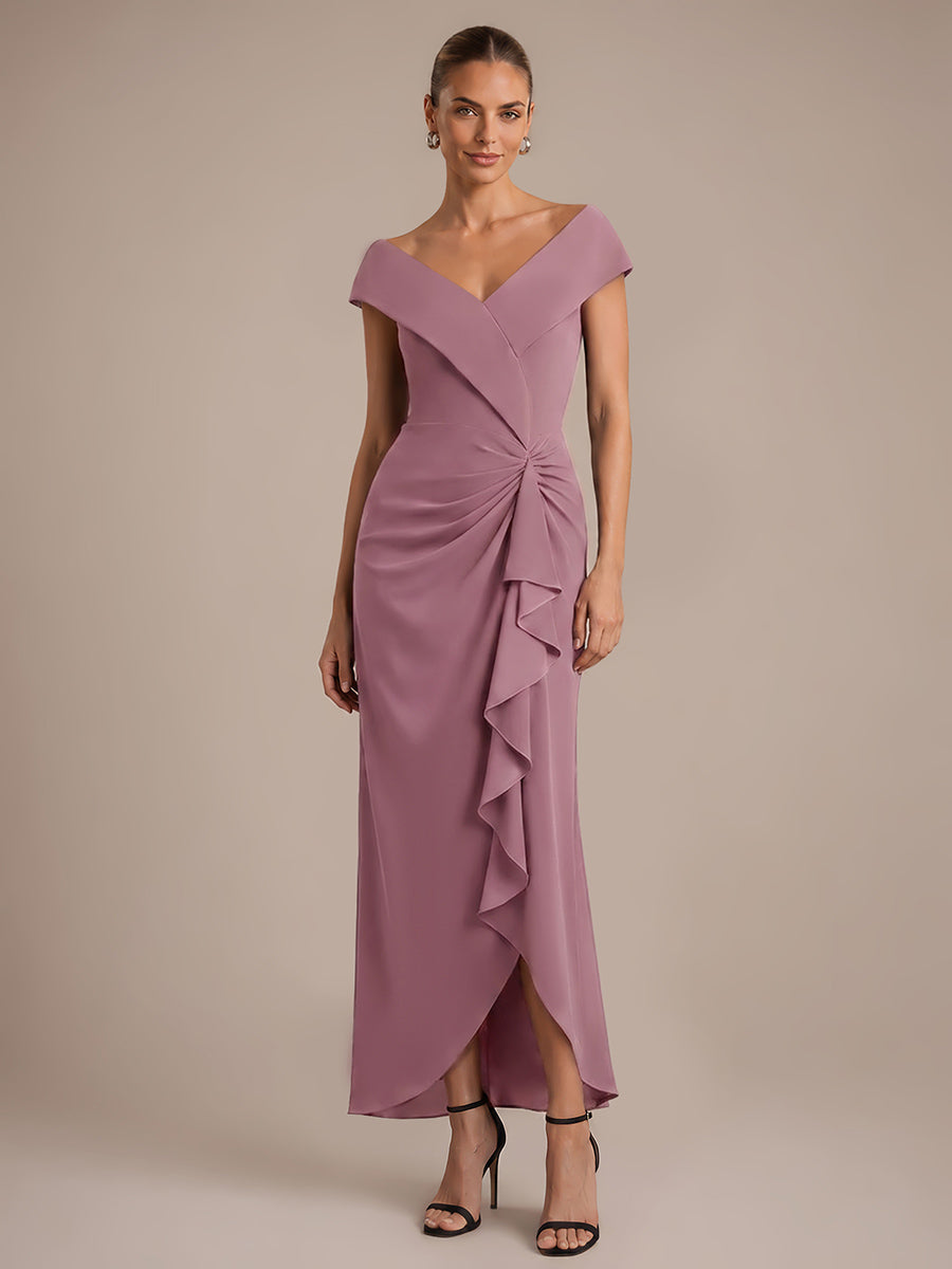Asymmetrischer Saum V-Ausschnitt Meerjungfrau Kleid Aus Krepp Schlitz Volants #Farbe_Orchideenviolett