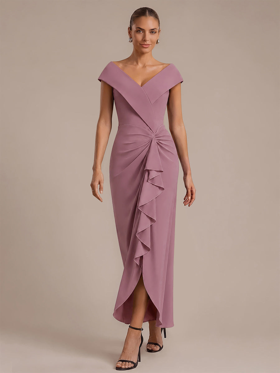 Asymmetrischer Saum V-Ausschnitt Meerjungfrau Kleid Aus Krepp Schlitz Volants #Farbe_Orchideenviolett