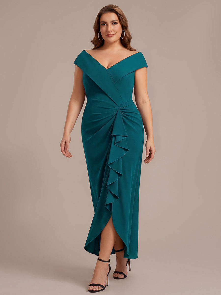 Asymmetrischer Saum V-Ausschnitt Meerjungfrau Kleid Aus Krepp Schlitz Volants #Farbe_Petrol