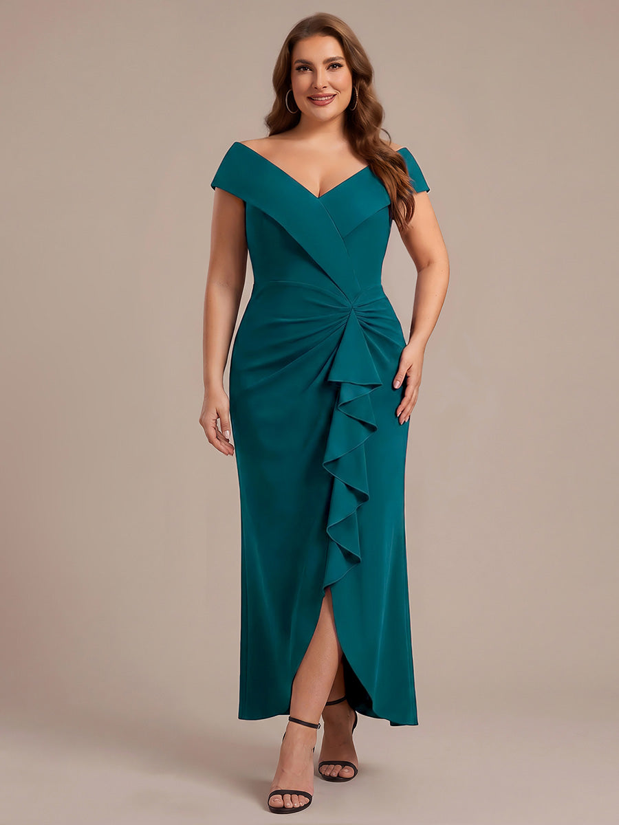 Asymmetrischer Saum V-Ausschnitt Meerjungfrau Kleid Aus Krepp Schlitz Volants #Farbe_Petrol