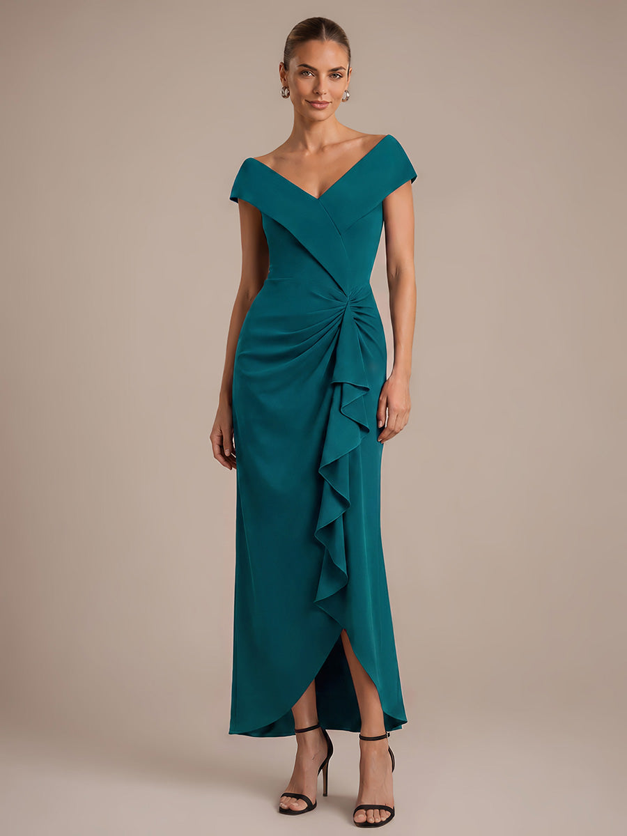 Asymmetrischer Saum V-Ausschnitt Meerjungfrau Kleid Aus Krepp Schlitz Volants #Farbe_Petrol