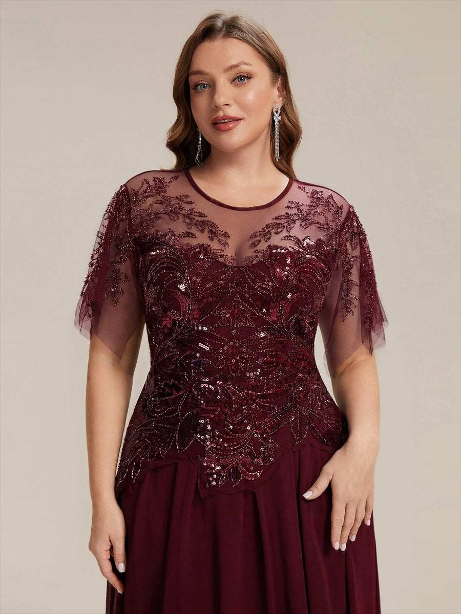 Maxikleid Mit Rundhalsausschnitt A-Linien Schnitt Tüllstoff Patchwork Und Pailletten Details Transparente Gestaltung #Farbe_Burgunderrot