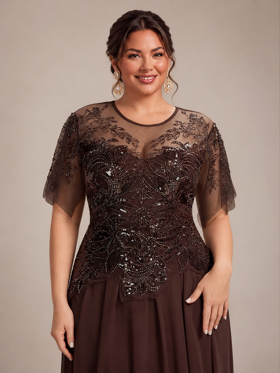 Maxikleid Mit Rundhalsausschnitt A-Linien Schnitt Tüllstoff Patchwork Und Pailletten Details Transparente Gestaltung #Farbe_Braun