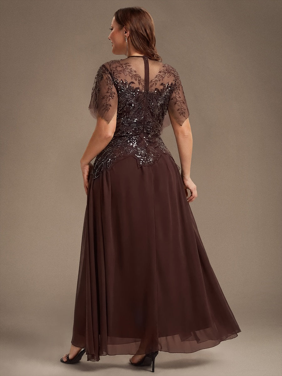 Maxikleid Mit Rundhalsausschnitt A-Linien Schnitt Tüllstoff Patchwork Und Pailletten Details Transparente Gestaltung #Farbe_Braun